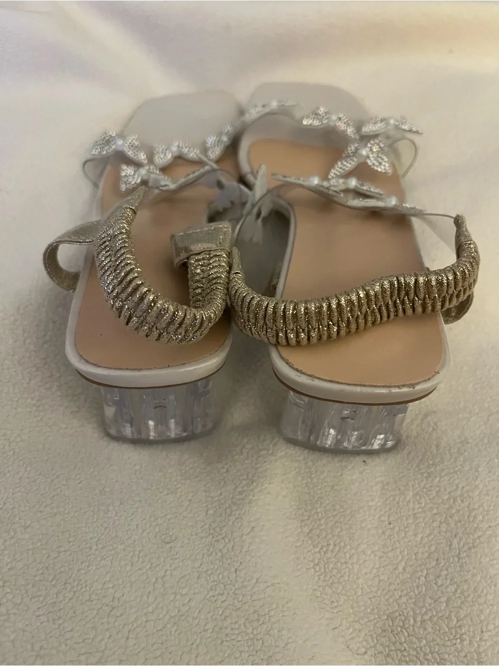 Crystal Butterfly Embellished Nude Slingback Square Toe Block Heels